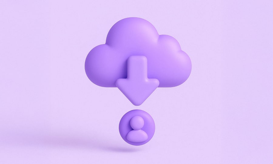 Image 3D d'un nuage avec une flèche qui va vers un utilisateur le tout de couleur violette (représentant l'ajout de joueurs) dans un design minimaliste élégant sur fond violet clair