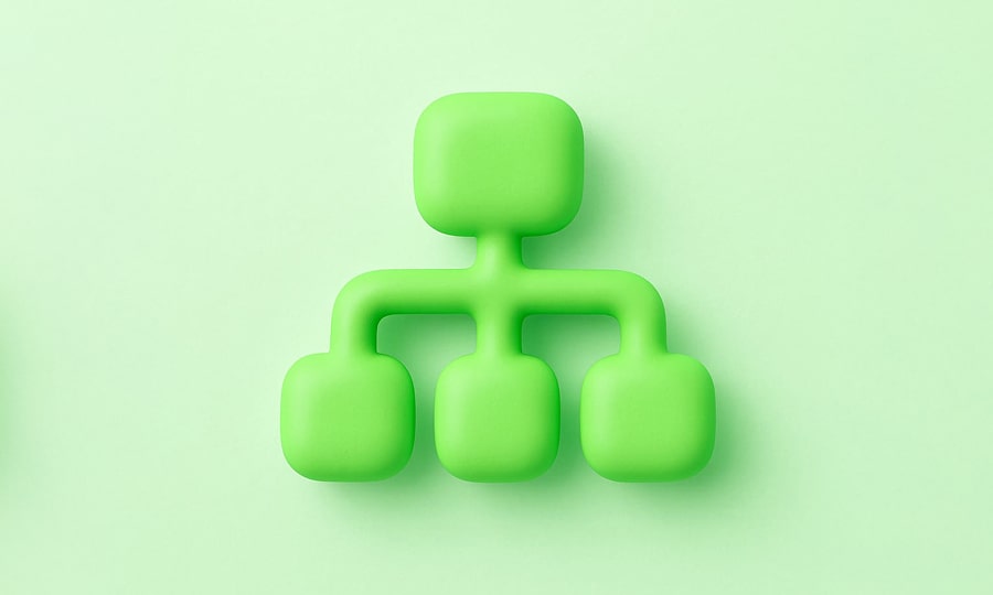 Image 3D d'une arborescence de couleur verte (représentant un tournoi) dans un design minimaliste élégant sur fond vert clair