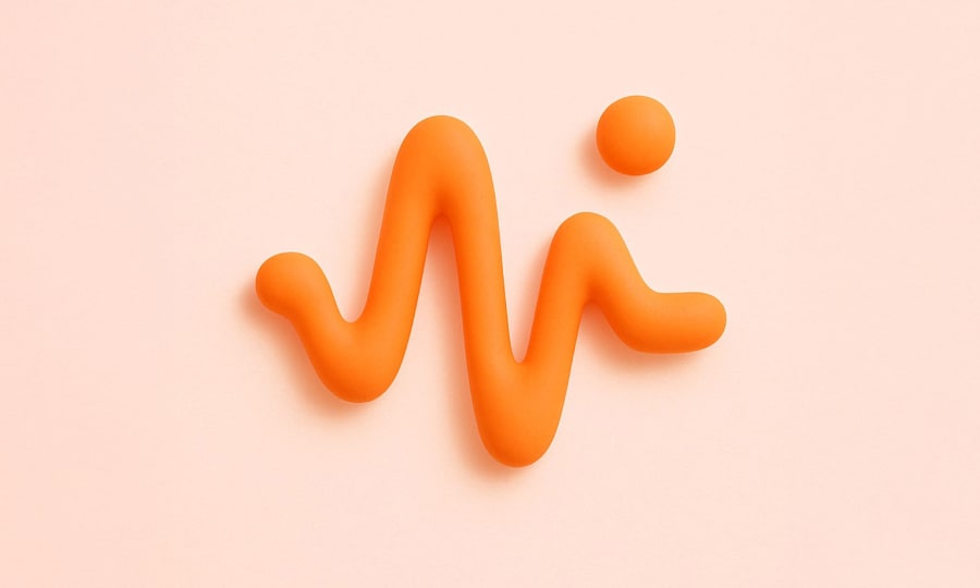 Image 3D d'une trajectoire minimaliste qui se termine sur une balle qui va vers le haut orange (représentant le suivi des joueurs) dans un design minimaliste élégant sur fond orange clair