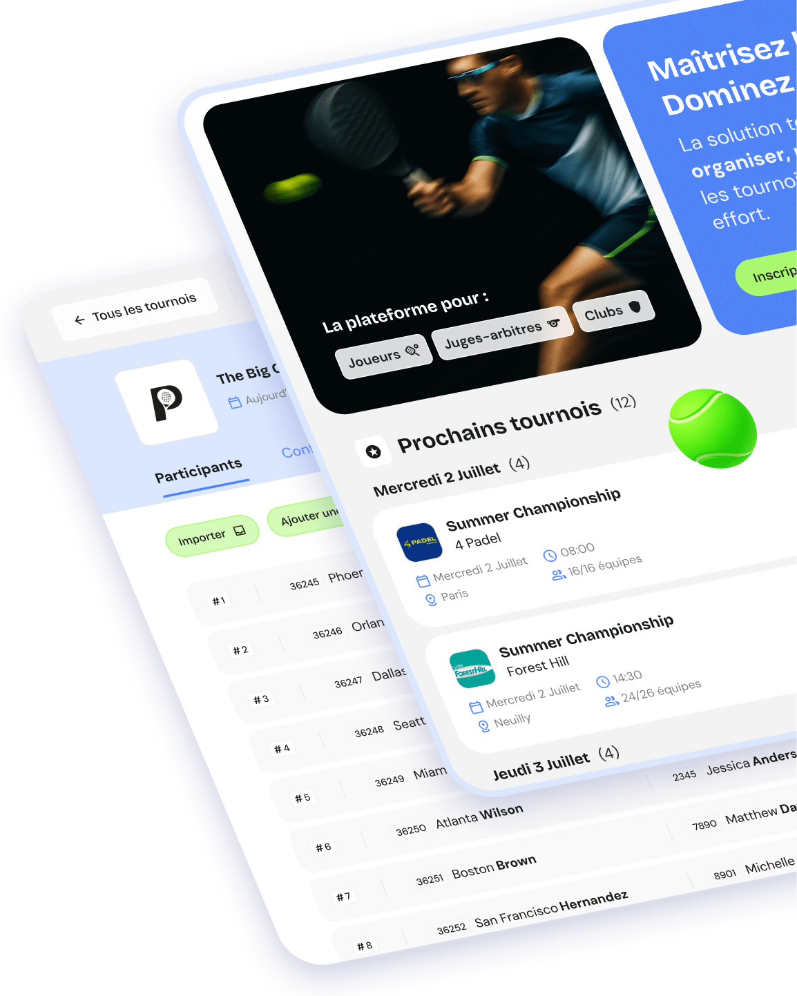 Deux écrans stylisés de la plateforme Padel Kompet qui représente la page de tournoi et la page d'ajout de joueurs